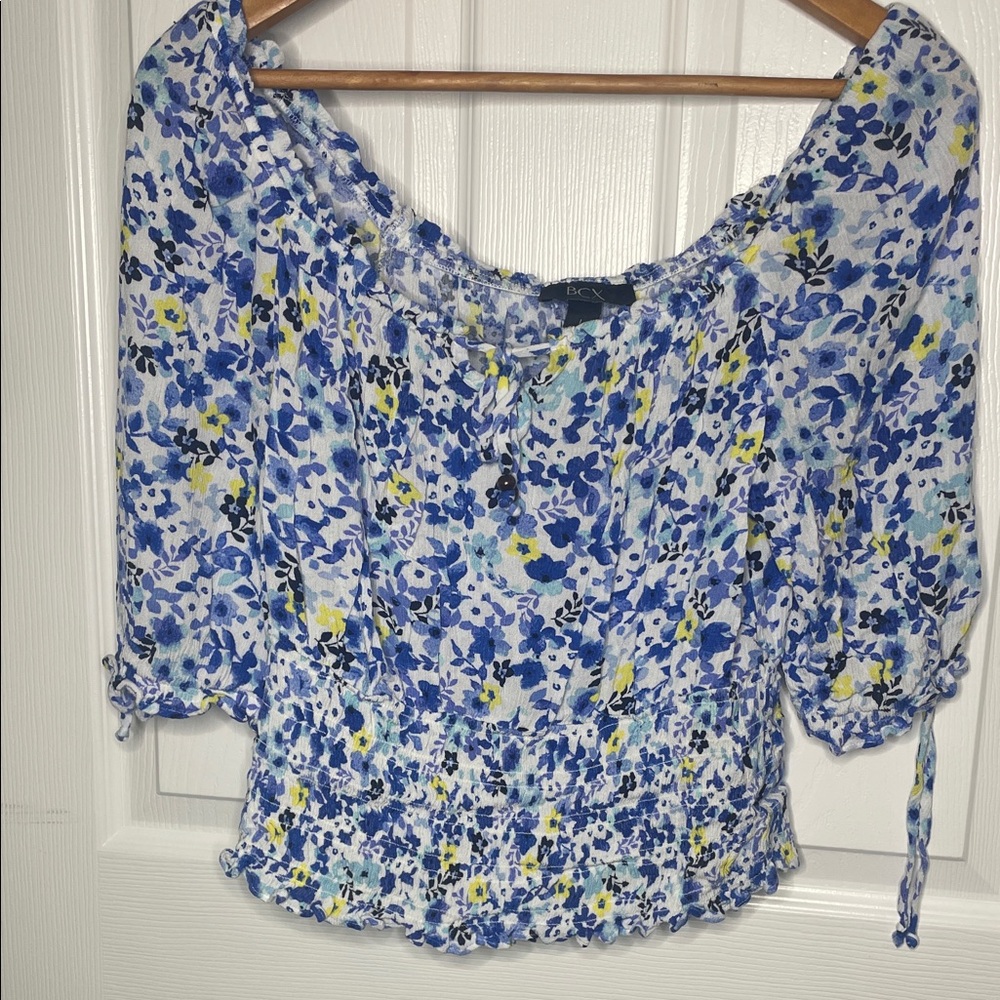 BCX Floral Off-Shoulder Blouse - Blue and Yellow